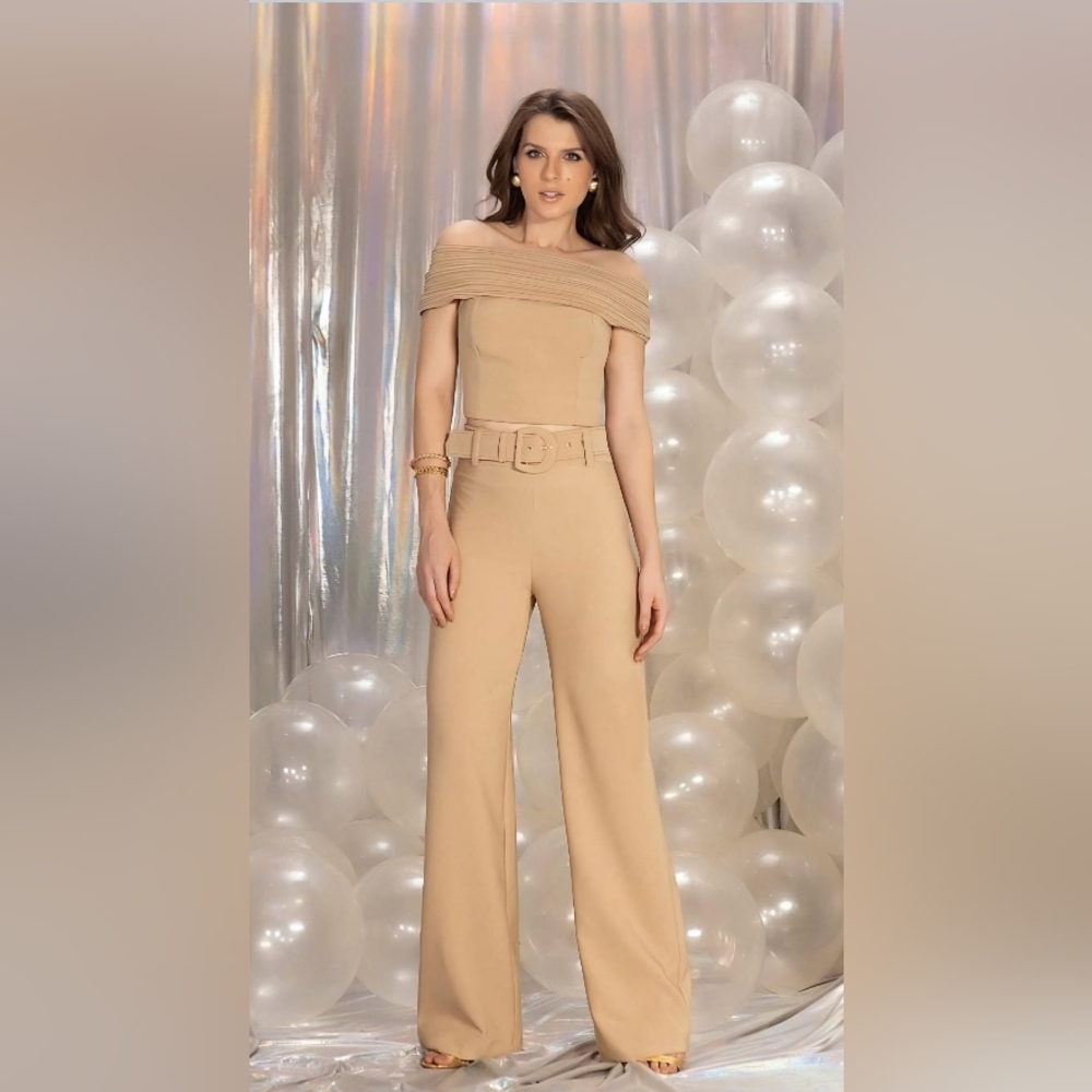 Elegant Tan Off-Shoulder Pants Set